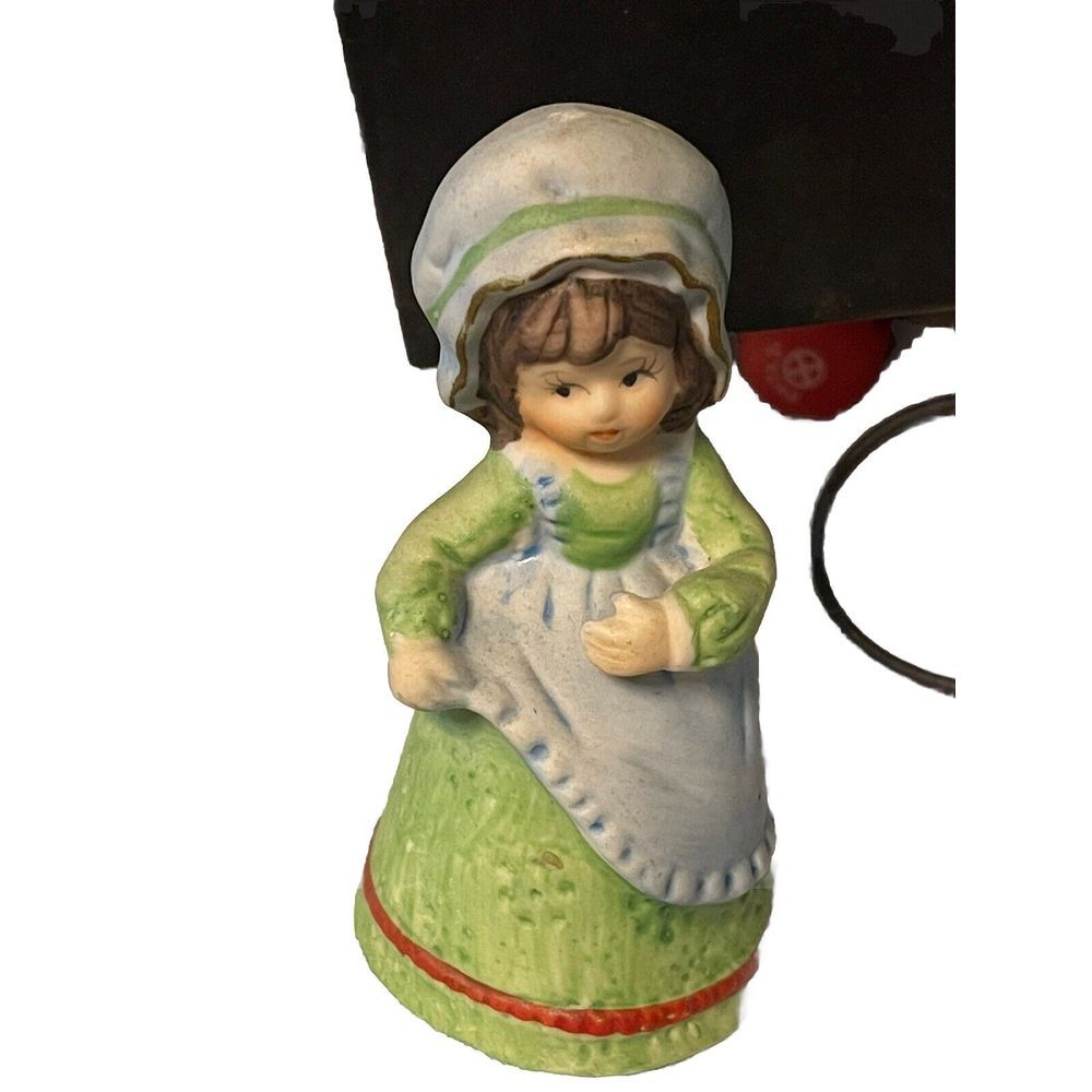 Vintage Jasco Taiwan 1978 Merri Bells Girl with Bonnet, Green Dress, Blue Apron